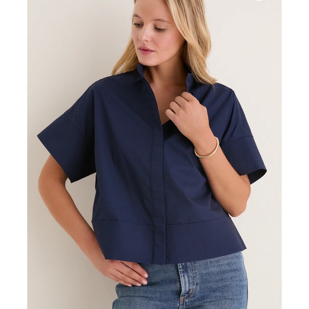 Navy Trapunto Stitch Sofia Shirt XL Short Sleeve Boxy Button Down Navy Blue